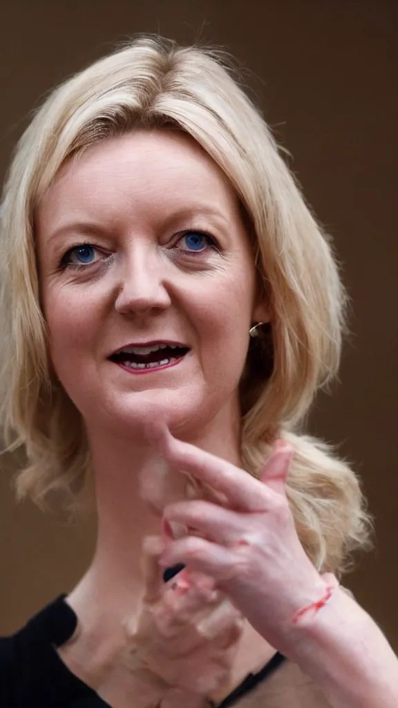 Image similar to liz truss shedding her skin to reveal she's actually a reptile