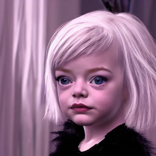 Image similar to toddler emma stone with black - and - white hair, like cruella haircut, in a room, cinematic, movie scene, vivid colors, detailed, 8 k