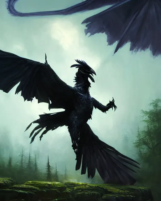 Image similar to oil painting of a Anthropomorphized raven shaman fusing with dragon, sharp focus, heroic pose, fantasy style, octane render, volumetric lighting, 8k high definition, by greg rutkowski, highly detailed, trending on art Station, magic the gathering artwork, Woodland background, centered