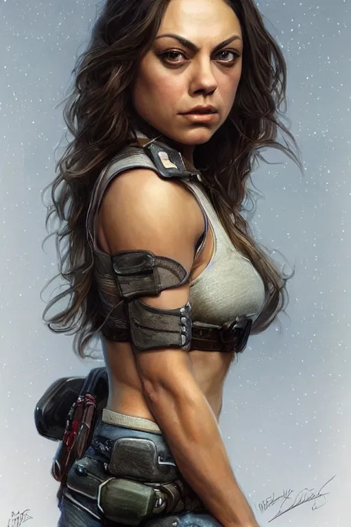 Image similar to tough Mila Kunis as a ruggedly handsome heroine, intricate, elegant, highly detailed, centered, artstation, concept art, smooth, sharp focus, illustration, bokeh art by artgerm and donato giancola and Joseph Christian Leyendecker, WLOP