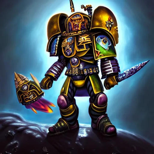 Prompt: an epic fantasy comic book style portrait painting of an extremely cute and adorable very beautiful chibi warhammer 4 0 k space marine, character design by mark ryden and pixar and hayao miyazaki, unreal 5, daz, hyperrealistic, octane render, cosplay, rpg portrait, dynamic lighting, intricate detail, harvest fall vibrancy, cinematic