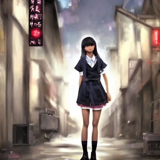 Image similar to a perfect, realistic professional digital oil painting of a Japanese schoolgirl posing in a dystopian alleyway, style of Marvel, full length, by a professional American senior artist on ArtStation, a high-quality hollywood-style concept