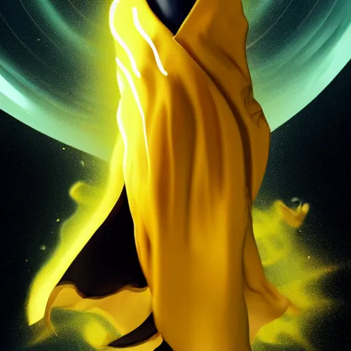 Image similar to award - winning. trending on artstation. 4 k. expressive. a figure wearing layered yellow robes while a black hole floats in space behind them. dark background. in the style of victor antonov