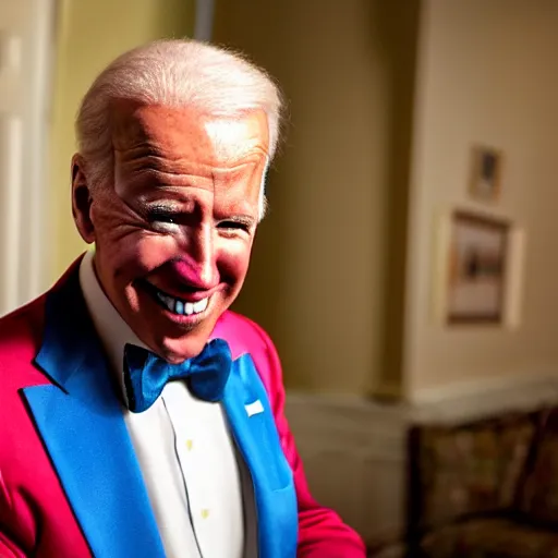 Image similar to UHD candid photo of Joe Biden dressed as a clown, wearing accurate clown makeup, accurate face, UHD, photorealistic, correct face, photo by Annie Leibowitz