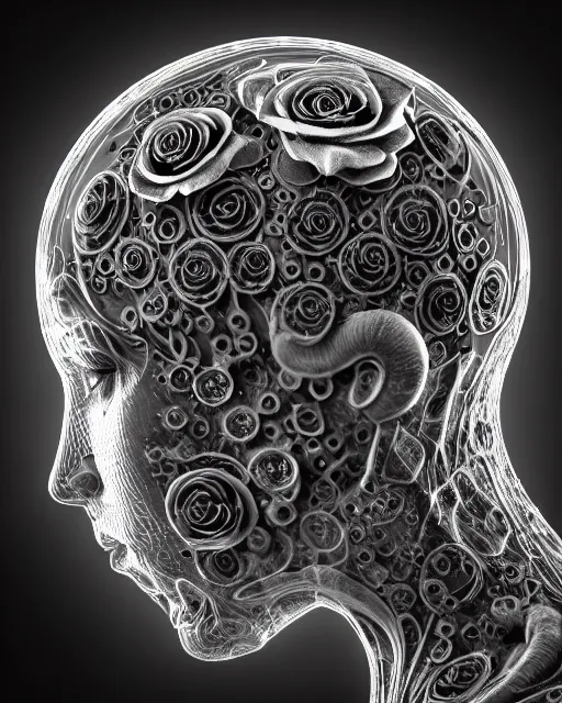 Prompt: mythical dreamy black and white organic bio - mechanical spinal ribbed profile face portrait detail of translucent steampunk beautiful intricated monochrome angelic - human - queen - vegetal - cyborg, highly detailed, intricate translucent ivy jelly ornate, poetic, translucent roses ornate, 3 d render, digital art, octane render, 8 k artistic lithography