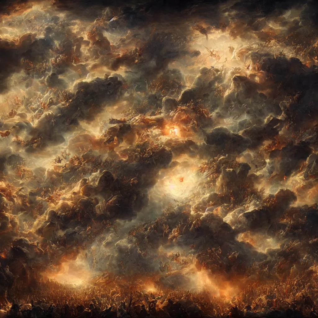 Image similar to hundreds of rebel angels falling from heaven as meterorites, epic lighting, disaster clouds, michael bay, john martin, apocalyptic