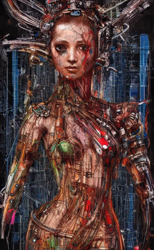 Image similar to woman wearing gown made of mech mask rendered in unreal engine, cyberpunk, rave, scifi, painted by albrecht durer | bernard buffet | carne griffiths | wlop