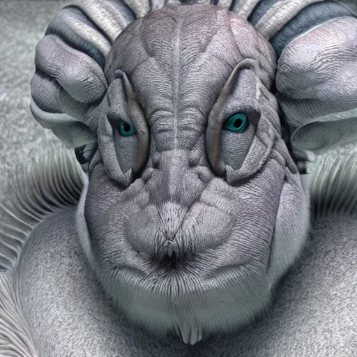 Image similar to a photo of a head animal morphing creature, gills morph scales merged in fur skin, wrinkled skin, normal map, displacement map, distorted animal head face eyes arms tail