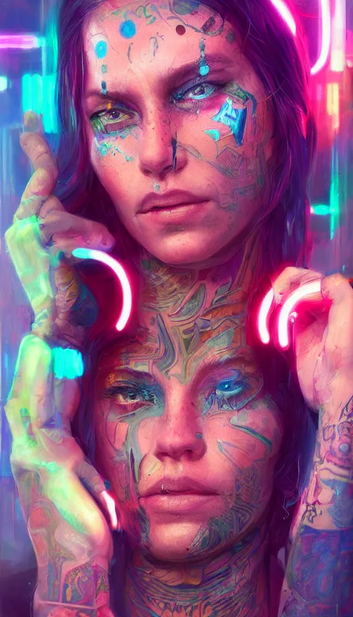 Image similar to a stunning highly detailed digital portrait of a cyberpunk woman in strong lighting, tattoos and electronics, neon reflections, pastel colors, by mandy jurgens, highly detailed, oil on canvas