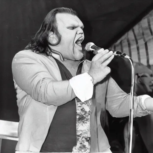 Image similar to meatloaf the singer eating a hot dog