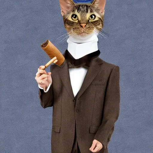 Image similar to cat wearing a suit smoking a cigar