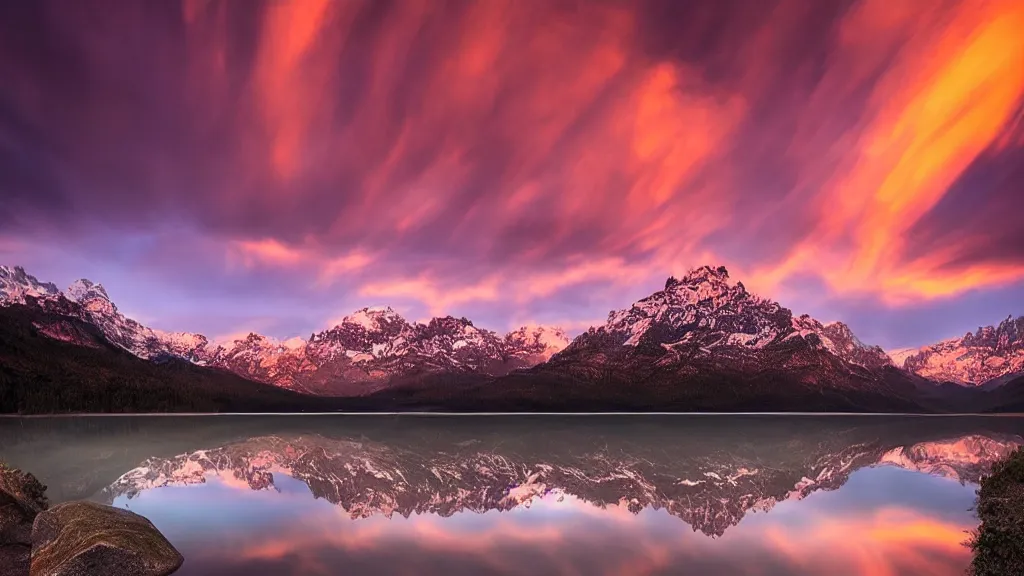 Image similar to amazing landscape photo of mountains with lake in sunset by marc adamus, beautiful dramatic lighting