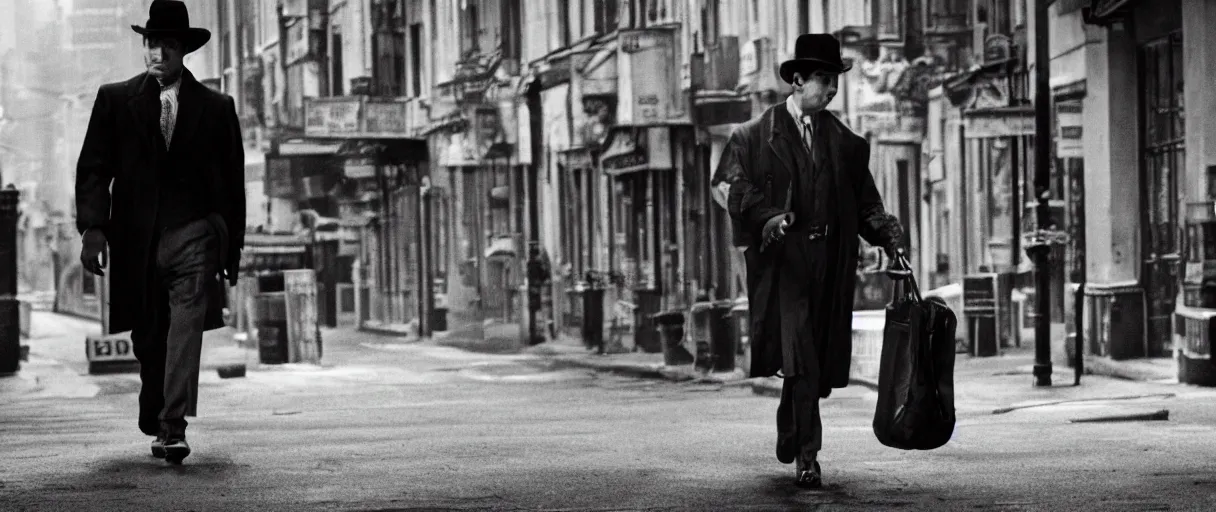 Image similar to a film noir detective walking along a street; extremely detailed; film still