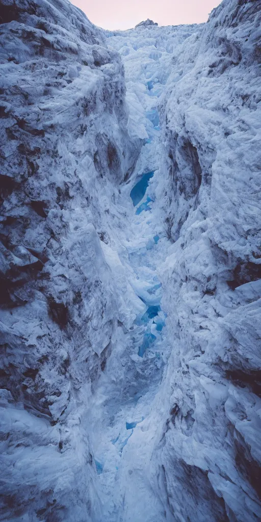 Prompt: a frozen canyon, covered in ice, in the style of reuben wu,