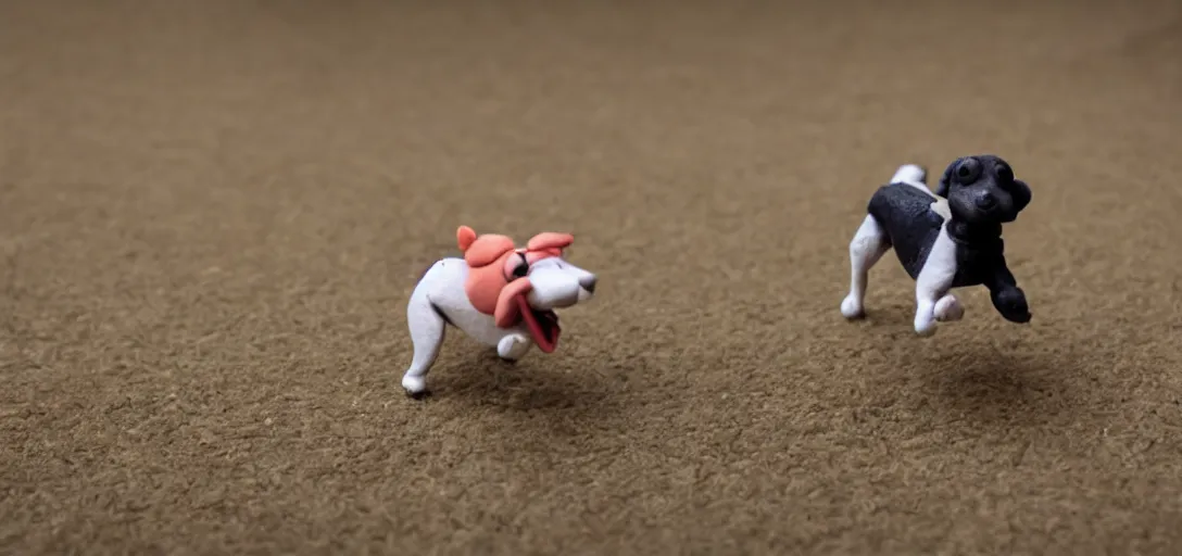 Image similar to dog playing fetch, claymation, stop motion, shallow depth of field