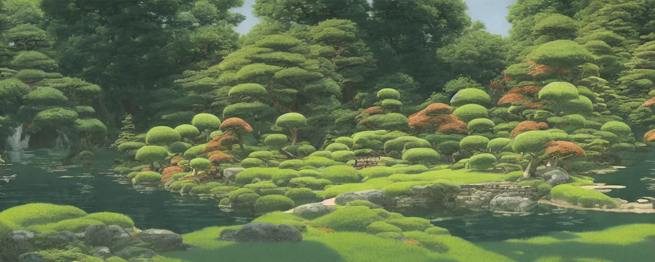 Prompt: ghibli illustrated background of a japanese zen garden by eugene von guerard, ivan shishkin, john singer sargent, 4 k