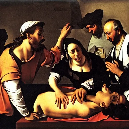 Image similar to doctors doing a operation on a cartoonish banana, caravaggio