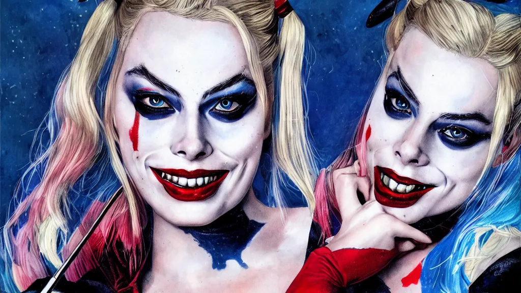 Image similar to portrait of Margot Robbie as Harley Quinn, Pixiv style, detailed,