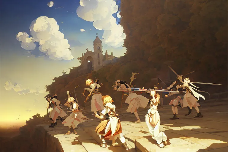 Prompt: baroque oil painting of key visual environment concept art of anime maids fighting a crusade in jerusalem, brutalist, dark fantasy, rule of thirds golden ratio, fake detail, trending pixiv fanbox, acrylic palette knife, style of makoto shinkai studio ghibli genshin impact jamie wyeth james gilleard greg rutkowski chiho aoshima