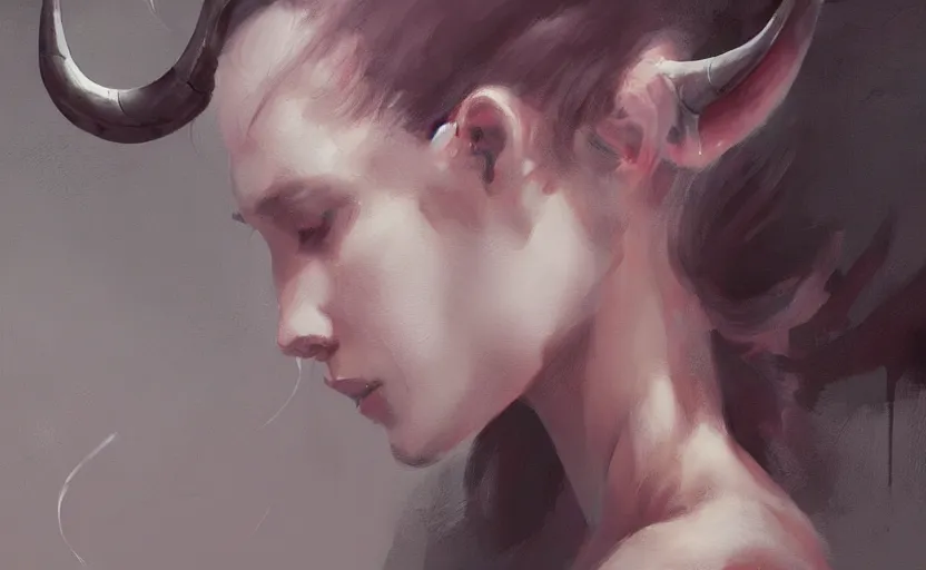 Image similar to a painting of aki trending on artstation in the style of greg rutkowski, beautiful, sensual, natural, horns on head