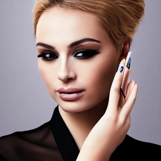 Image similar to middle aged beautiful french woman with blonde hair tied in a strict bun, manicuring nails, spectacles, lots of makeup, arrogant, rich, expensive voluminous dress, digital art, high quality, 8 k, detailed, d & d character,