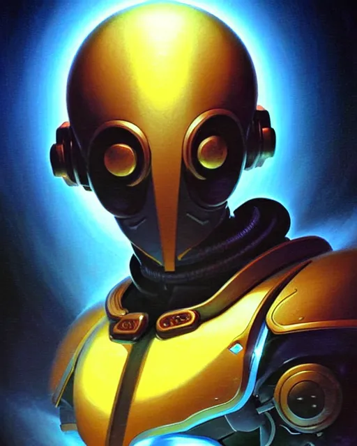 Image similar to zenyatta from overwatch, character portrait, portrait, close up, vintage fantasy art, vintage sci - fi art, radiant light, caustics, by boris vallejo