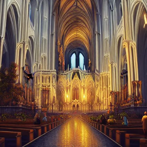 Prompt: A magnificent huge cathedral in a city, realistic, highly detailed, volumetric lighting, digital painting, award winning, trendsetting, illustration, concept art, by Mandy Jurgens and Ricardo Ow