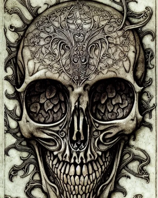 Image similar to memento mori by arthur rackham, art forms of nature by ernst haeckel, exquisitely detailed, art nouveau, gothic, ornately carved beautiful skull dominant, intricately carved antique bone, art nouveau botanicals, ornamental bone carvings, art forms of nature by ernst haeckel, horizontal symmetry, arthur rackham, ernst haeckel, symbolist, visionary