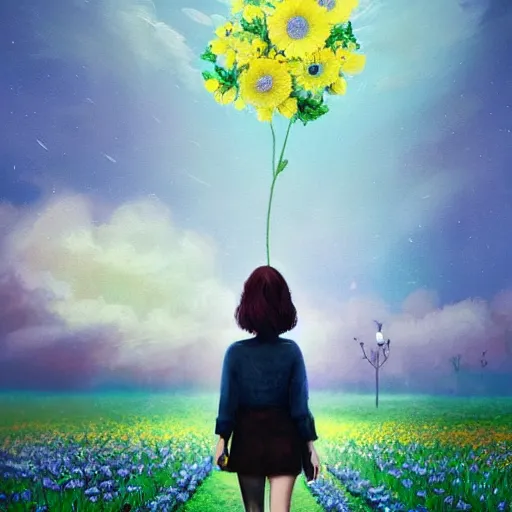 Image similar to giant daisy flower as a head, girl walking in flower field, surreal photography, night moon light, dramatic, impressionist painting, clouds, digital painting, artstation, simon stalenhag