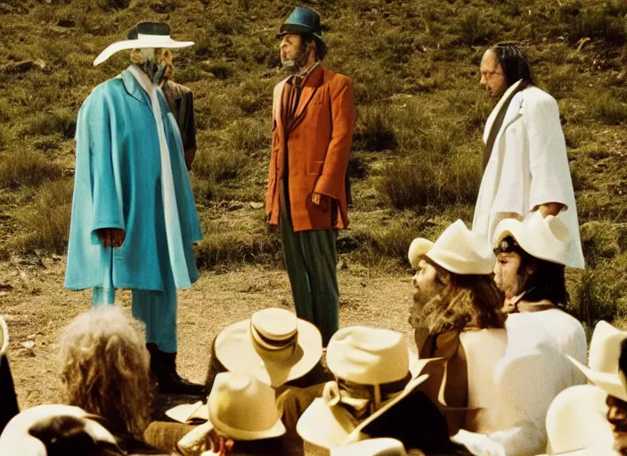 Image similar to 7 0 mm still from the holy mountain film by alejandro jodorowsky, intense scene in a picturesque outdoors setting, extra terrestrial beings in suits holding mirrors for people, close - up view of the actors'faces, technicolor, 8 k