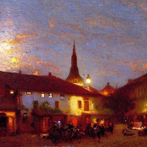 Image similar to a small town at twilight, very high detail, painted by gaston bussiere