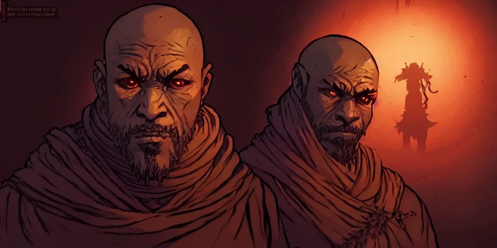 Image similar to monk character portrait, sprite, darkest dungeon, pc game, sideview, art by moebius and greg rutkowski.