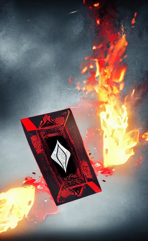 Image similar to a king of diamonds card on fire, with black and red paint in the back ground, ambient lighting, atmospherical, stunning visuals, cinematic, dynamic lighting, photorealistic fantasy concept art, trending on art station, ultra detailed