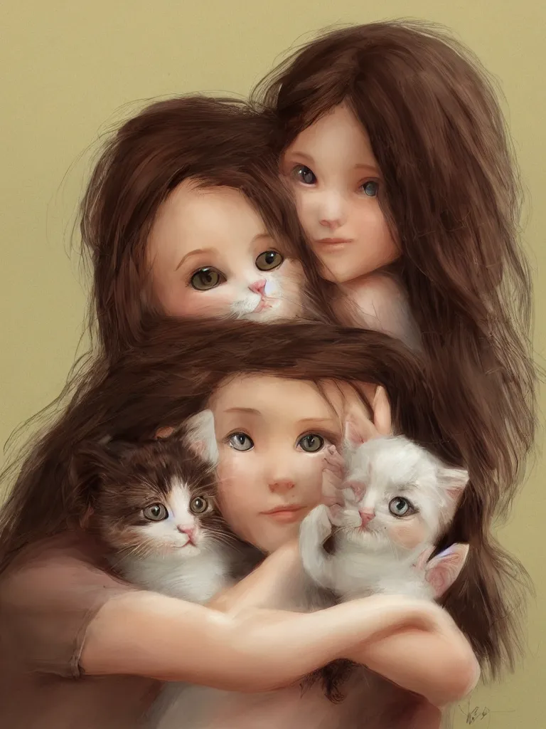 Image similar to girl hugging kitten by disney concept artists, blunt borders, rule of thirds