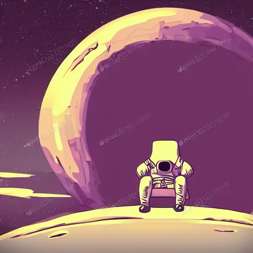 Image similar to a lonely astronaut sitting on vacant planet in the style of flooko, acrylic art, ambient lighting, neon, vector art, detailed, bleak, gloomy, dismal, sad, pale, tired, somber, art, moonlight,