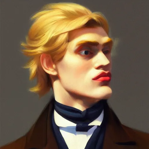 Prompt: a realistic portrait of a blonde man, chiseled jawline, big lips, long hair, 1 8 0 0 s, vibrant color, edward hopper, trending on artstation