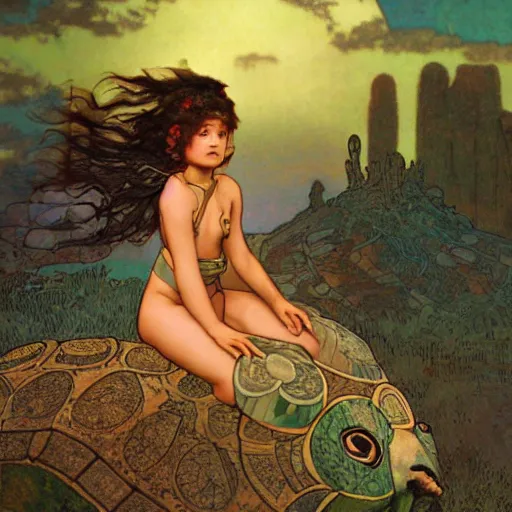 Image similar to a little warrior girl sitting on top of one giant turtle seen from a distance in the desert. the girl has dark skin and beautiful green eyes, realistic full body and a very beautiful detailed symmetrical face with long black hair. diffuse light, dramatic sky and landscape, fantasy illustration by mucha
