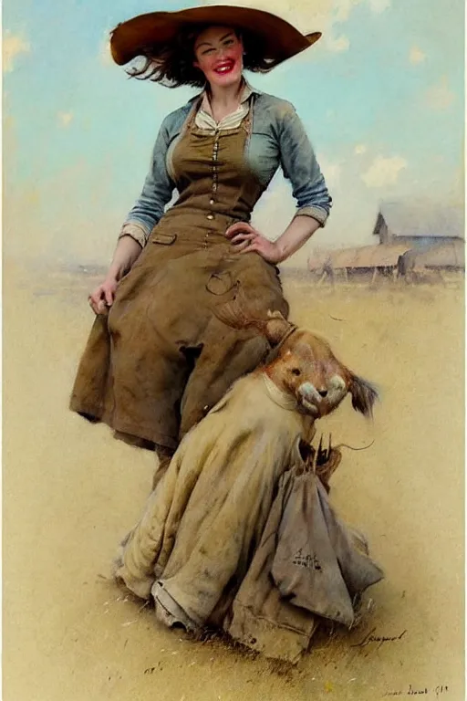 Prompt: (((((1950s wold west pioneer woman cover art . muted colors.))))) by Jean-Baptiste Monge !!!!!!!!!!!!!!!!!!!!!!!!!!!