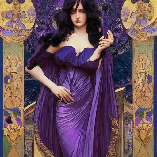 Prompt: an extremely detailed tarot card of an unbelievably beautiful witch with long black hair and purple eyes, long red strapless floor length dress, shinny deep blue high heels, ostentatious and extravagant galla, neoclassical architecture, 4 k, artstation, detailed, realistic, by alphonse mucha and greg rutkowski