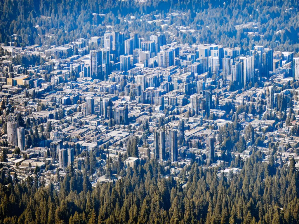 Image similar to bird's eye view photo of a metropolis highrise city, redwood forest separating from industrial district
