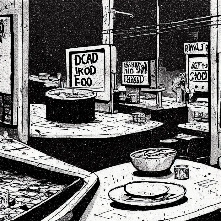 Image similar to close - up on poor quality food, water, and gruel : on a table. background : insterior of a dirty automated kiosk, black tiles on walls. black and white, pencil and ink. by gabriel hardman, joe alves, chris bonura. cinematic atmosphere, detailed and intricate, perfect anatomy