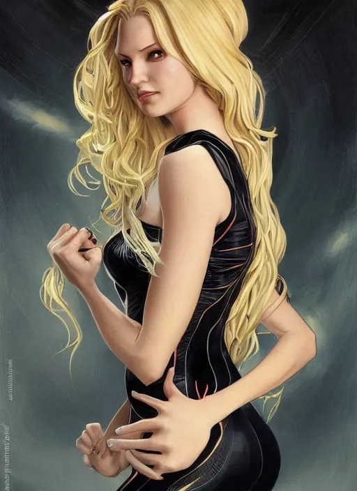 Prompt: portrait of slim young woman mischievous face and long blonde wavy hair dressed as a superhero in her early twenties, posing with her arms tucked behind her back, black canary, tight fit leotard, curvaceous, intricate detailed face, shiny, art by joshua middleton and greg rutkowski and alphonse mucha, dramatic lighting, unreal engine, 8 k