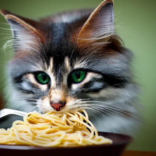 Prompt: chibi blue Siberian forest cat eating spaghetti carbonara at an Italian restaurant in Italy, realistic, photography, 4k HD