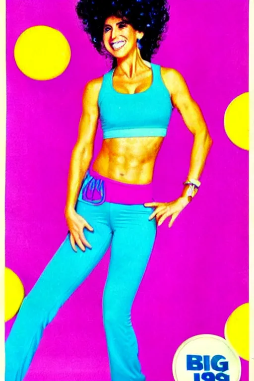 Image similar to 1980s big hair, brightly colored, zumba fitness art poster