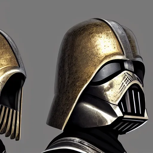 Image similar to realistic templar knight helm design inspired by darth vader, epic scale, character concept art, face symmetry, intricate accurate details, artstation trending, octane render, cinematic color grading, soft light, rule of thirds, golden ratio, like a professional model, cinematic, 8 k, clear.