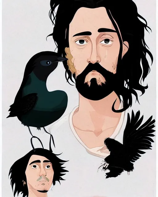 Prompt: portrait of an unkle moon with long black hair and beard and his imaginary bird friend, fine portrait, beautiful, realistic, magical, by tomer hanuka