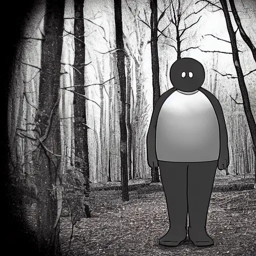 Image similar to overweight slenderman in the woods.