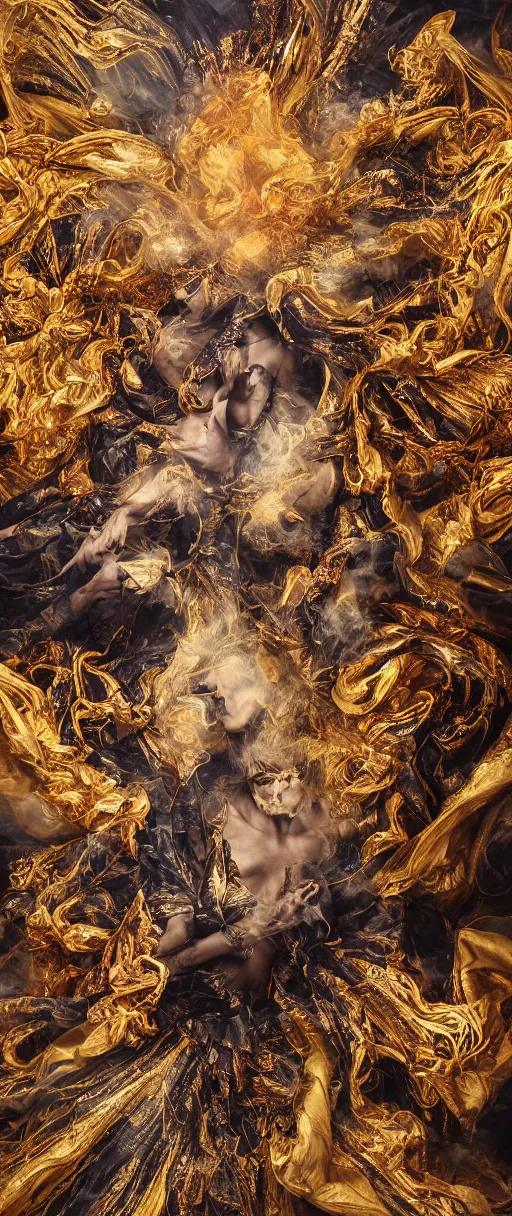 Image similar to 'Deamons unleashed in Times Square' by István Sándorfi royally decorated, whirling smoke, embers, gold encrustations , gilt silk torn fabric, radiant colors, fantasy, perfect lighting, studio lit, micro details,