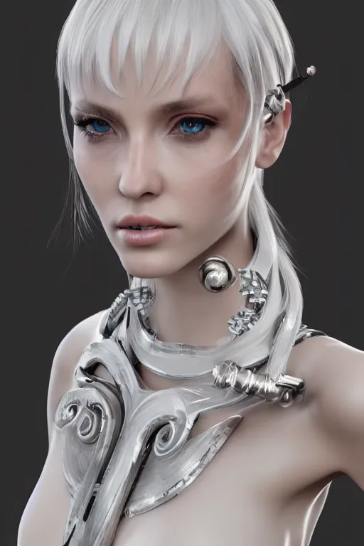 Image similar to white cyborg fashion shot, copper spiral hair decorations, white elegant baroque design, pretty face, photorealistic, 8k, hyper detailed, unreal engine, trending on artstation,