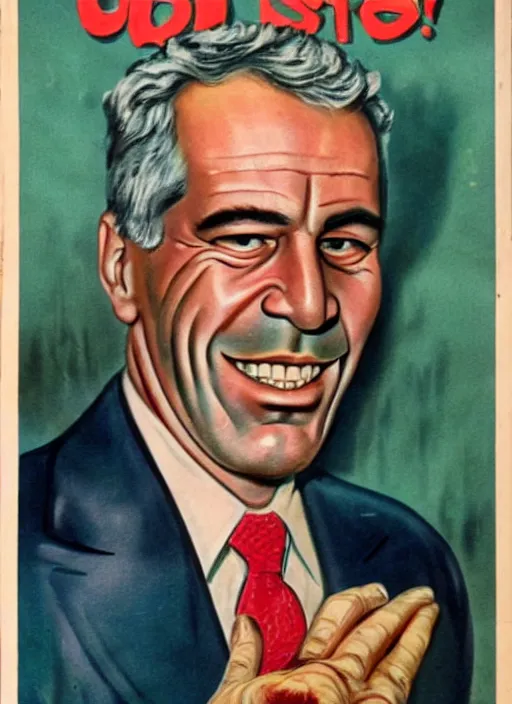 Image similar to creepy Jeffrey Epstein with a scary comically large smile, 1940s scare tactic propaganda art